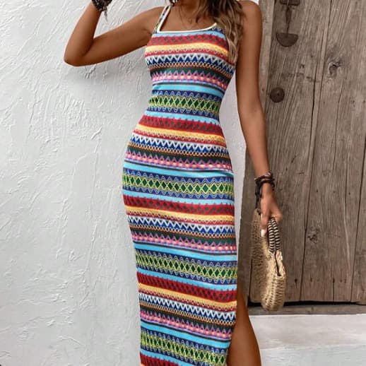 Women's Personality Street Fashion Casual Striped Sleeveless Square Neck Dress Women