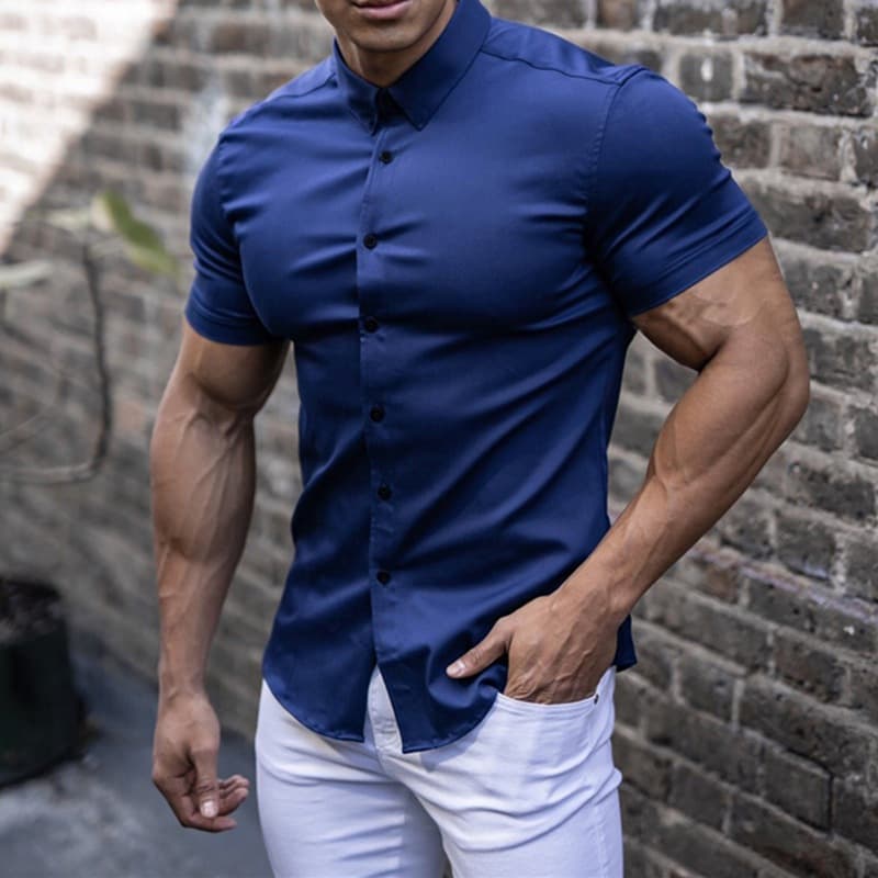 Men’s Clothing Lapel Elastic Solid Color Sports Casual Cardigan Shirt