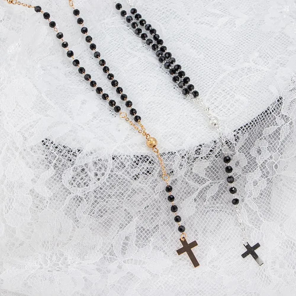 Fashion Simple Long Tassel Cross Pendant Necklaces Handmade Sweater Rosary Beads Choker Chain Lock Necklace Collar