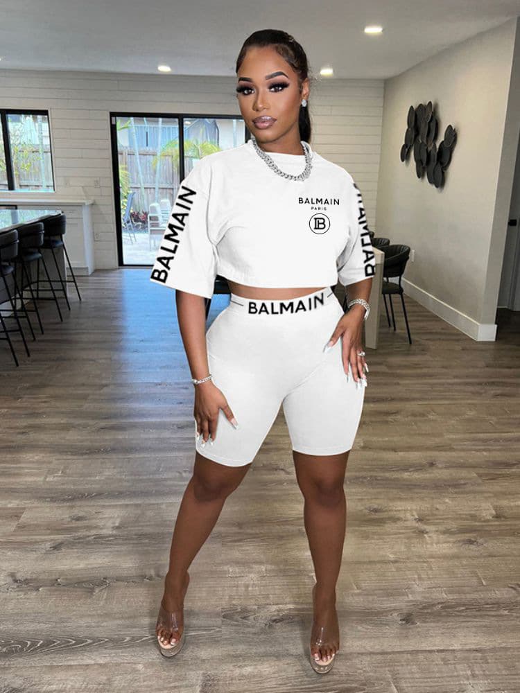 X2381 2023 femmes été mode lettre offset imprimé col rond manches courtes ensemble de shorts