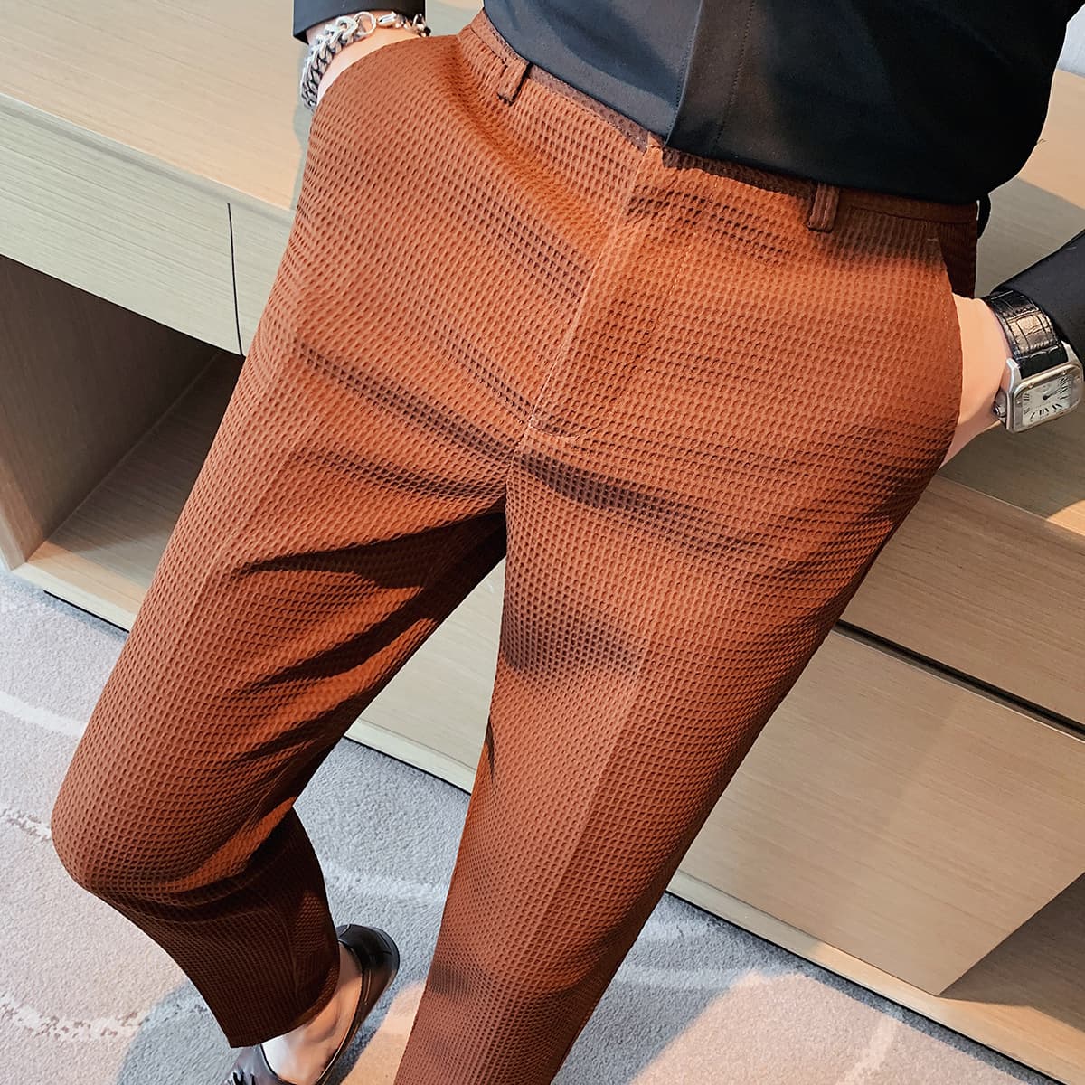 Men's Clothing Style Light Mature Men's Casual Waffle Trousers Waist Elastic Trousers Youth Skinny Trousers