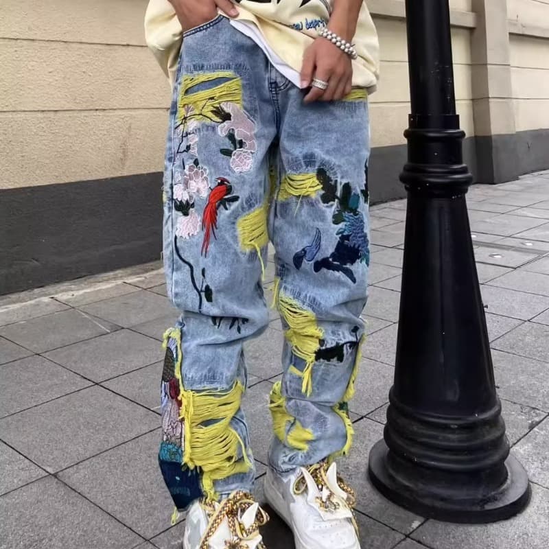 Men's Clothing Street heavy embroidery ripped jeans men's long pants