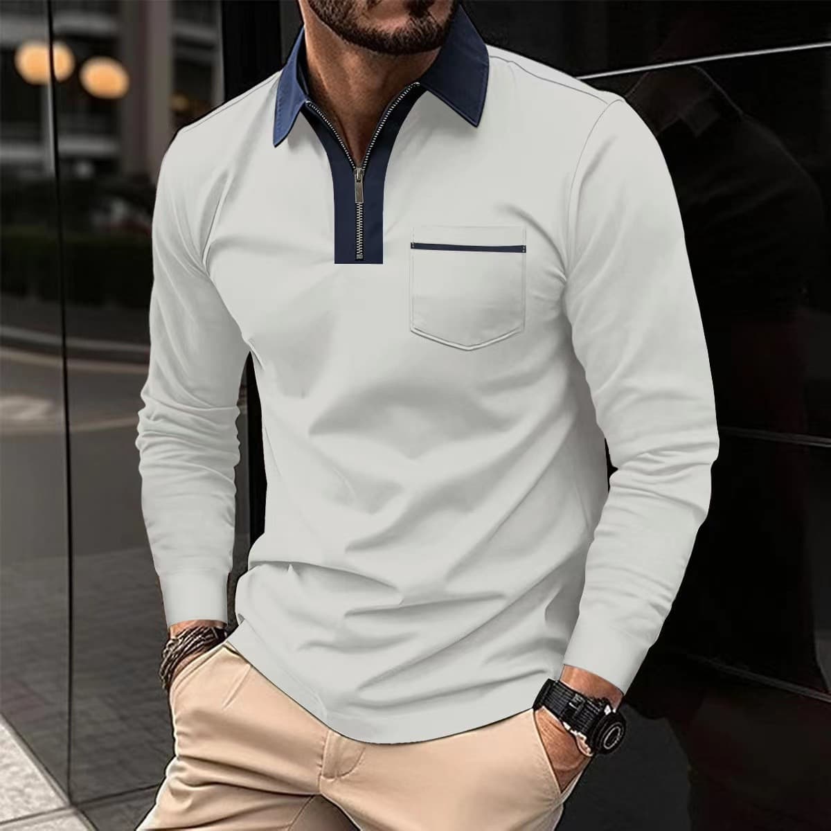 Men's clothing long sleeve lapel fashion slim pocket color T-shirt