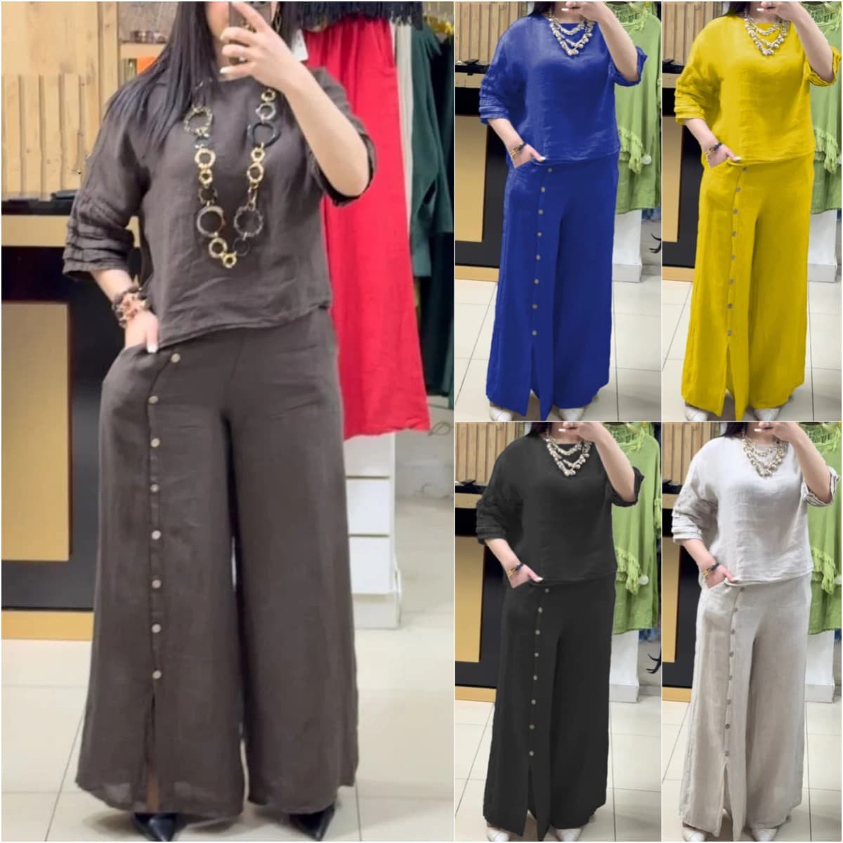 Women's Clothing Fashion Casual Loose Solid Color Cotton And Linen Short Sleeved Shirt Long Pants Two Piece Suit