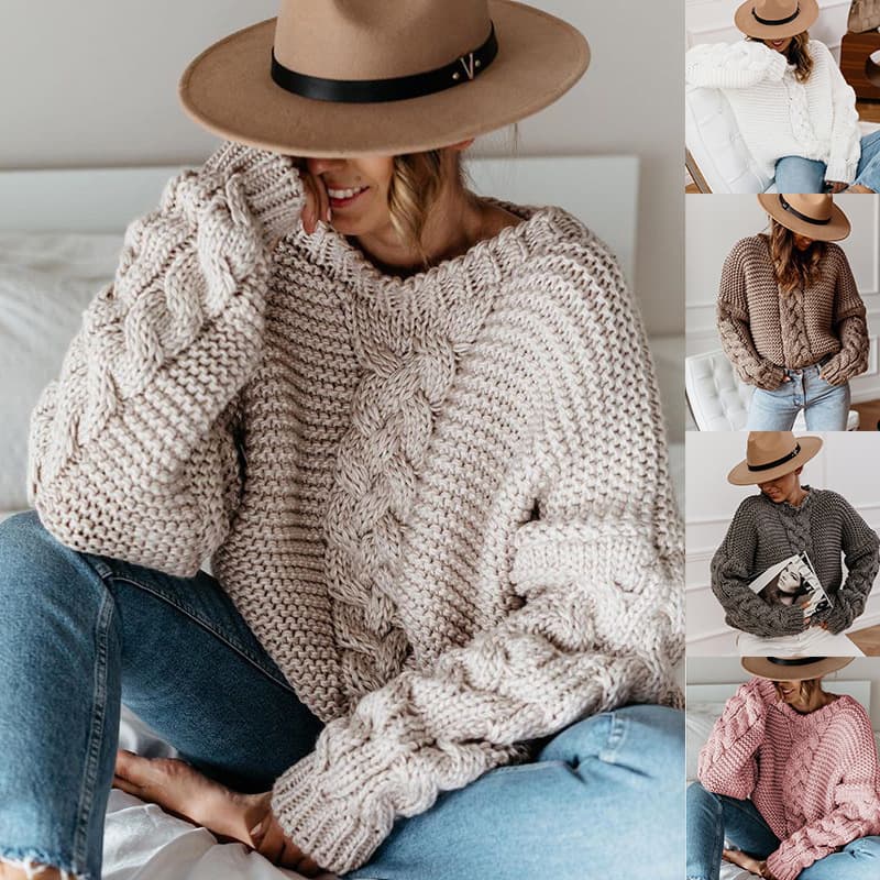 Women's Solid Color Pullover V-neck Twist Loose Sweater Casual Knitwear