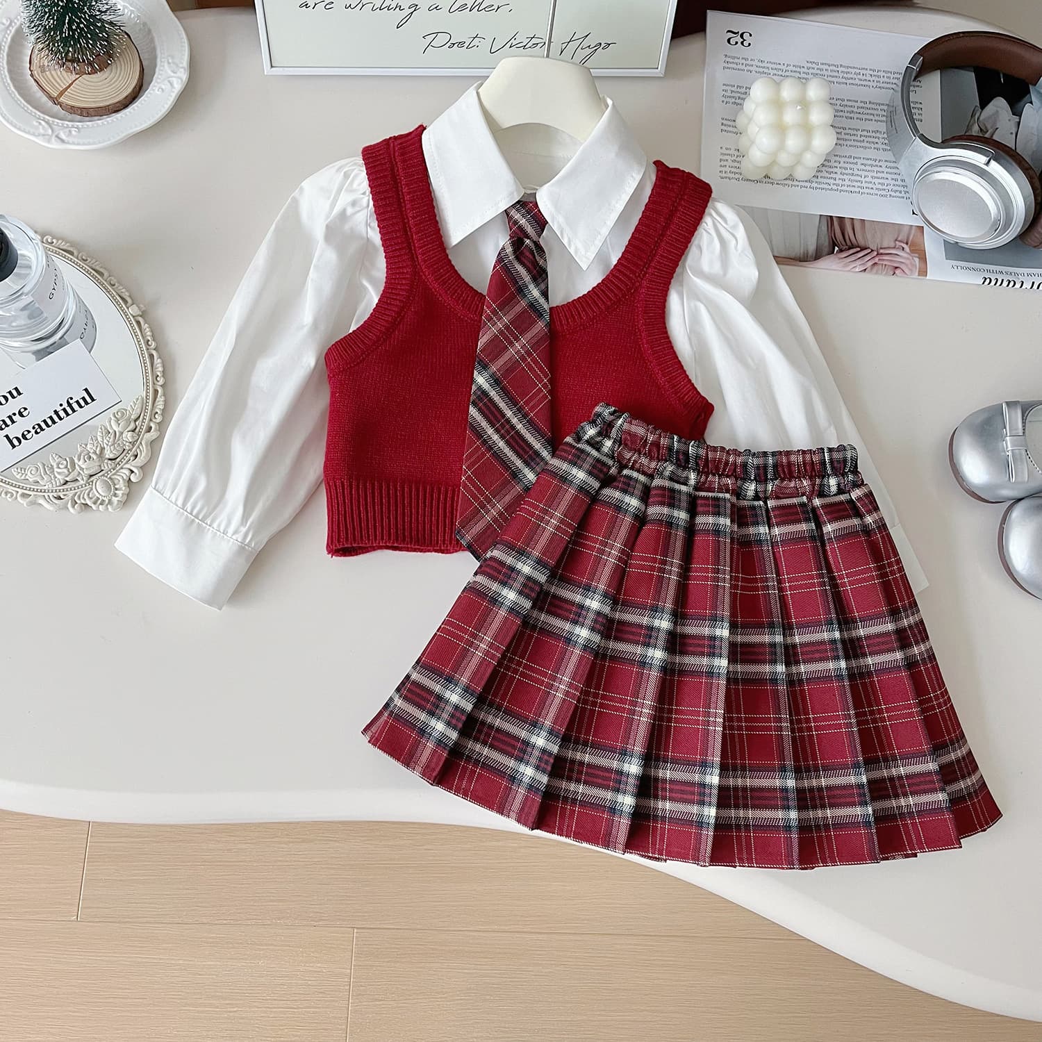 2024 autumn new Korean girls' college style JK outfit knitted vest shirt pleated skirt three piece set 67573