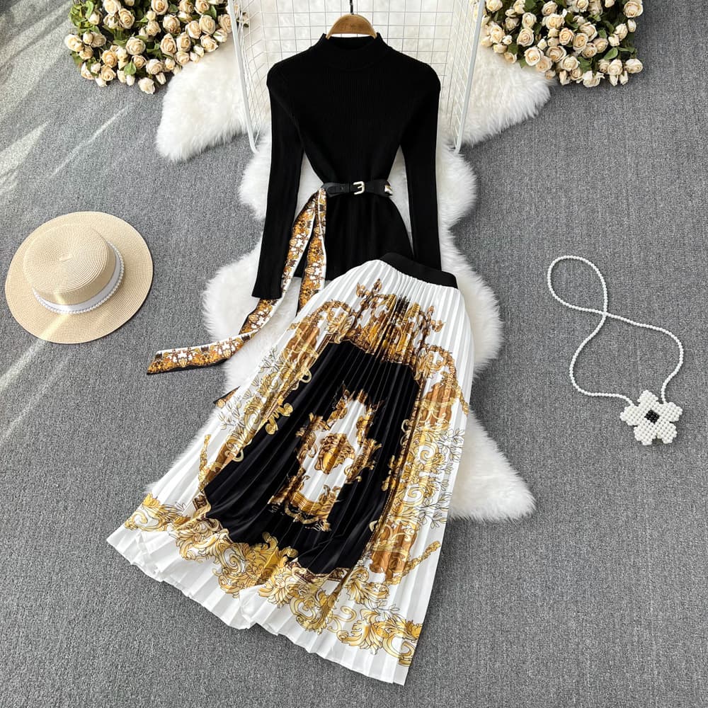 Women's fashion stand collar slim knit top two-piece set
