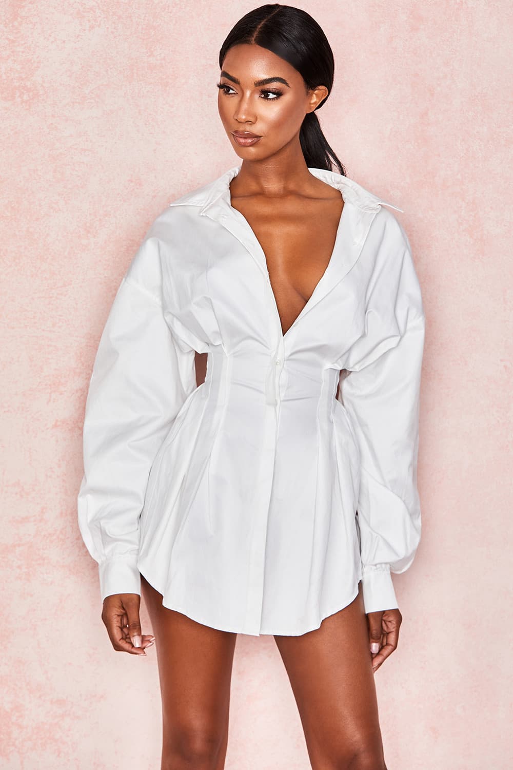 Short skirt women's pure white shirt long-sleeved sexy waist-covering hip dress