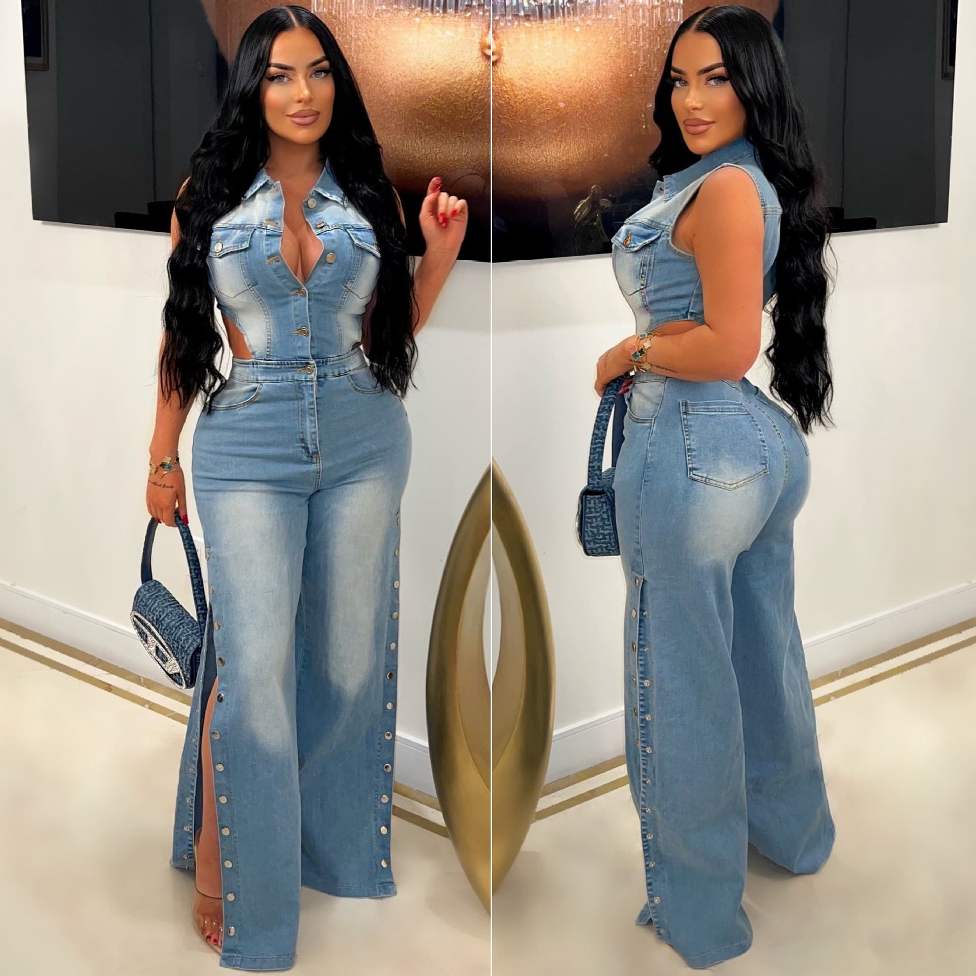 Women's Clothing tight waist slim elastic washed denim jumpsuit straight loose jumpsuit
