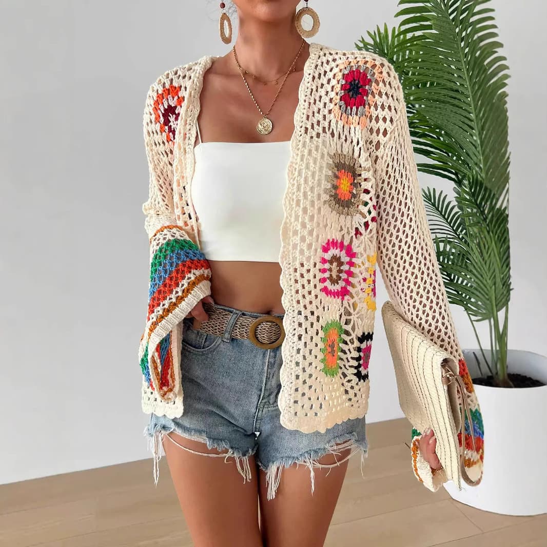 Bohemian Crochet Rainbow Cardigan - Handmade Lace Knit Sweater With Color Block Design, Long Sleeve Open Front Oversized Pullover For Women
