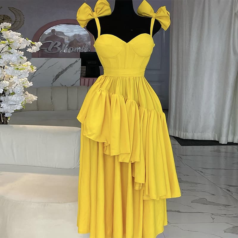 Women's Clothing Spring New Bow Sling V Neck Ruffle Dress