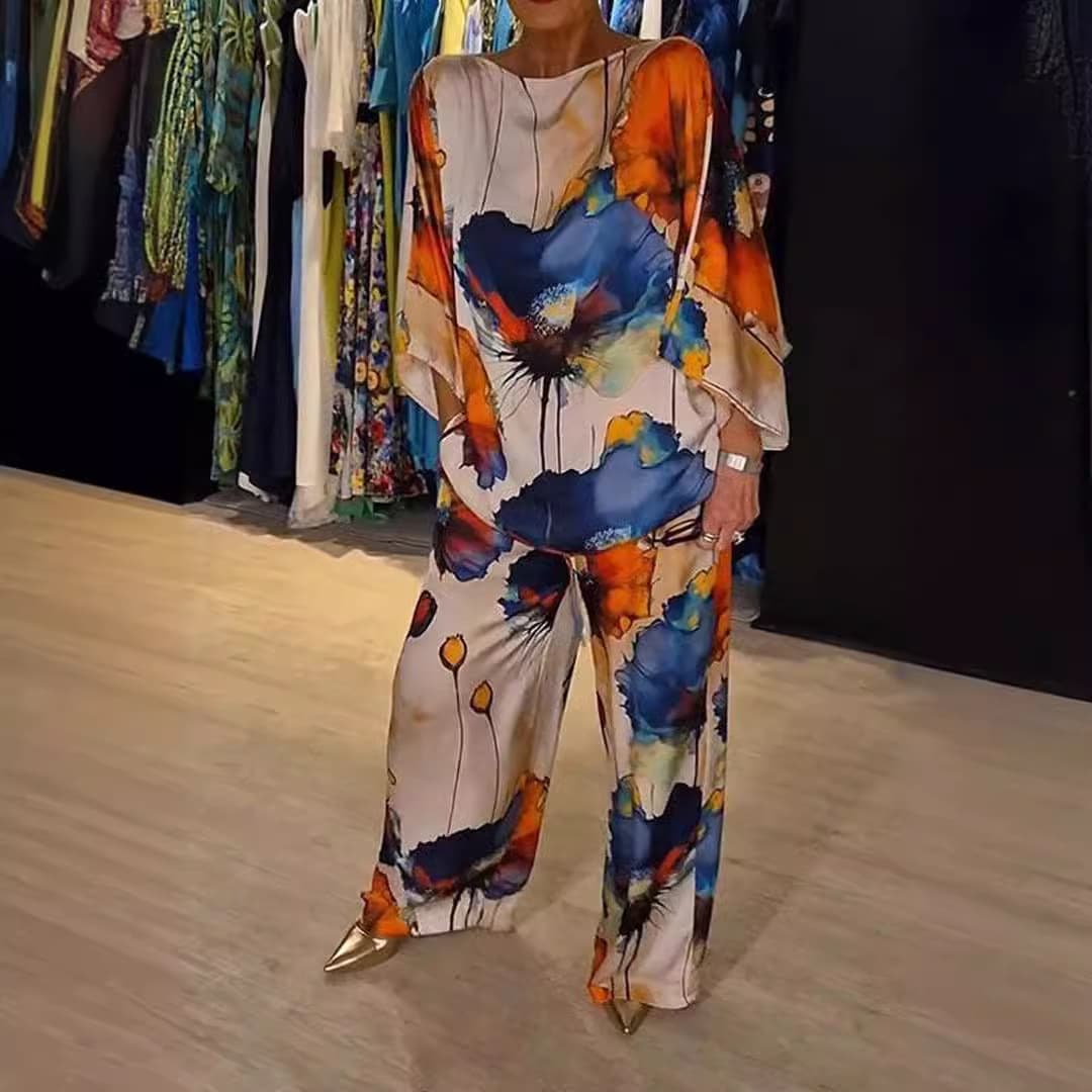 Elegant Satin One-Shoulder Loose Batwing Sleeve Floral Print Drawstring Pants – Stylish & Comfortable Women's Trousers For Casual & Office Wear