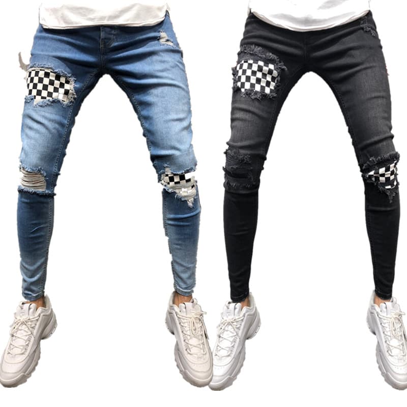 Men's Jeans Ripped Zipper Plaid Jeans For Men