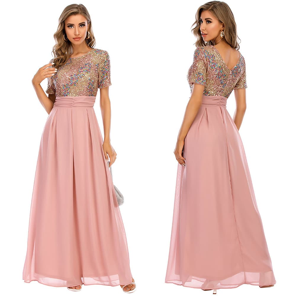 Sequin Chiffon Evening Dress – Sexy Glitter Mesh Party Dress For Women, Elegant V-Neck Long Sleeve Gown With Sheer Details
