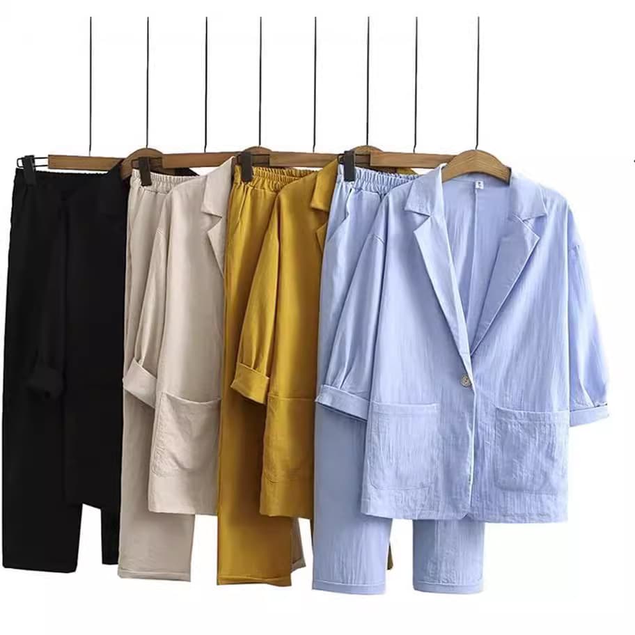 [Cotton Linen] Women's Clothing Suit Jacket Trousers Loose Casual Cotton Linen Suit Jacket Set