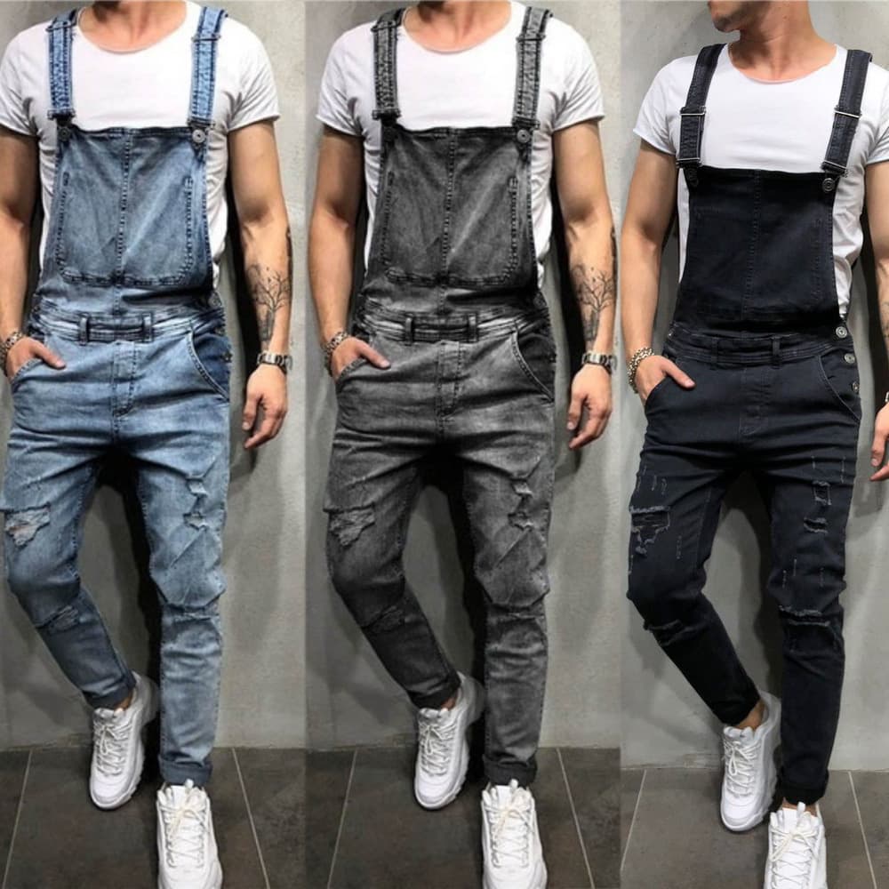 Men's Clothing Fashion Men's Strappy Denim Rompers Ripped Jeans Trousers Trendy Pop Work Clothes