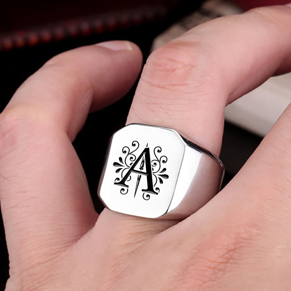 European And American Style Stainless Silver Color 26 Letters Titanium Steel Men's Rings Jewelry Factory Wholesale
