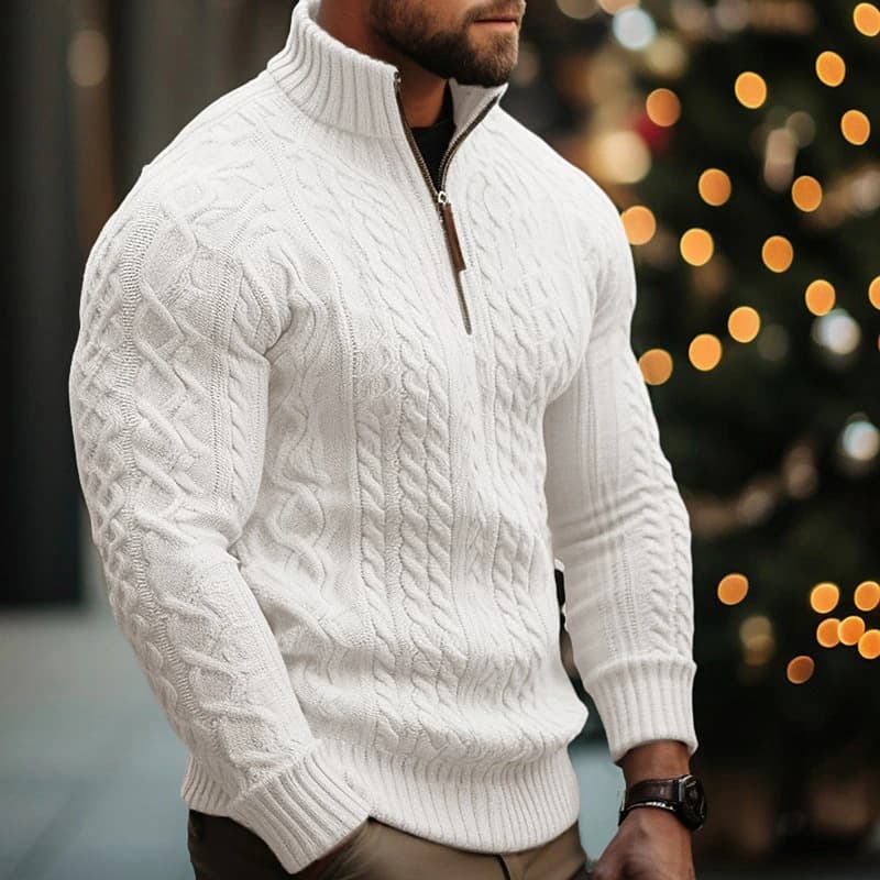 Men’s Half-Zip Cable Knit Sweater – Thickened Acrylic, Solid Colors (White/Black/Bluish/Brown/Greens, S-XXXL)