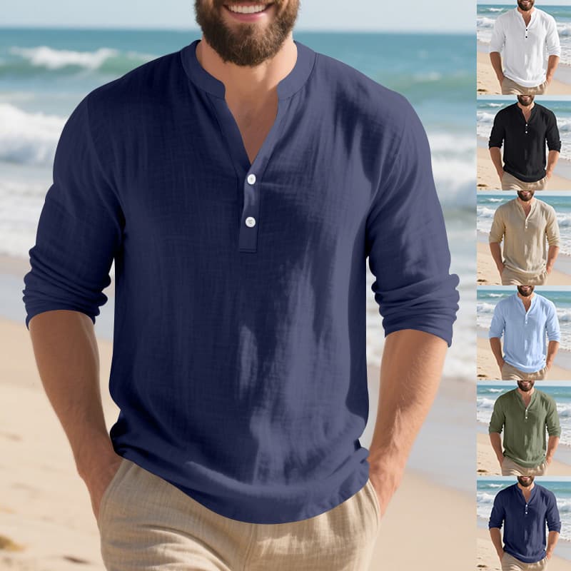 T-shirt à manches longues et col Henley en lin respirant pour homme - Coupe décontractée, confort décontracté, essentiel pour l'été
