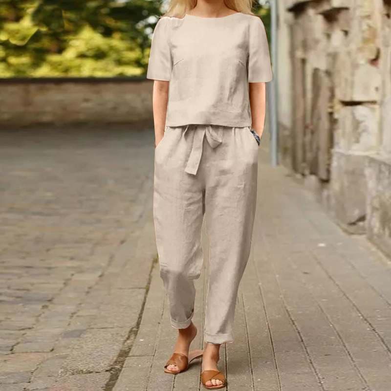 Women's Clothing Women's Style Cotton Linen Summer Set Short Sleeve O Neck Oversize Cover Up Wide Leg Pants Retro Loungewear