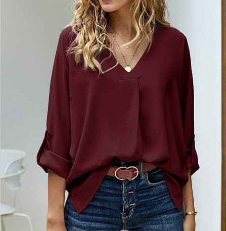 Chemisier ample sexy à col en V pour femme, grande taille, polyvalent et décontracté