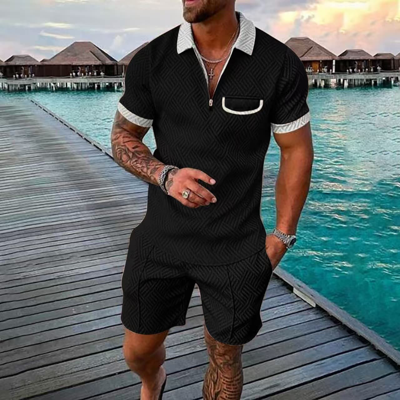 Men's Clothing Casual Suit 3D Digital Printing Zipper Short Sleeve Men's Shorts