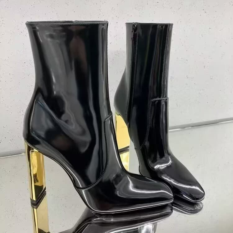 Elegant Metallic Gold-Heeled Pointed Toe Ankle Boots - Genuine Leather Side Zipper Fashion Boots For Women (8cm Heel, Black)"​