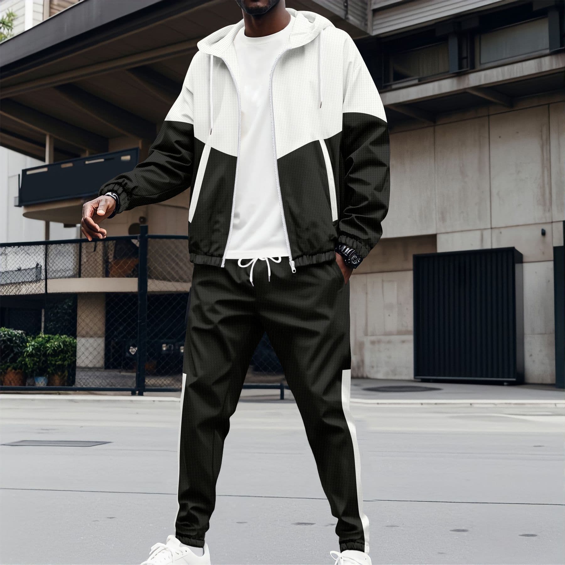 Men's Color-Block Zip-Up Track Jacket & Pants Set – Black/Green/Burgundy (S-XXXL, 100% Polyester, Lightweight For Streetwear & Casual Wear)​