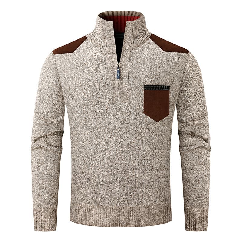 "Men's Fleece-Lined Half-Zip Knit Sweater – Breathable Thermal Pullover With Stand Collar"