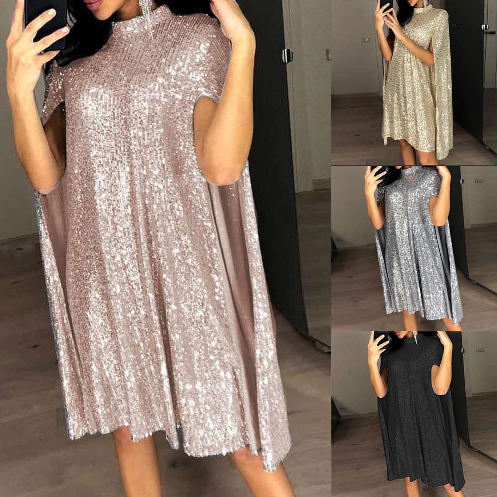 Women's clothing small stand-up collar sequin dress loose