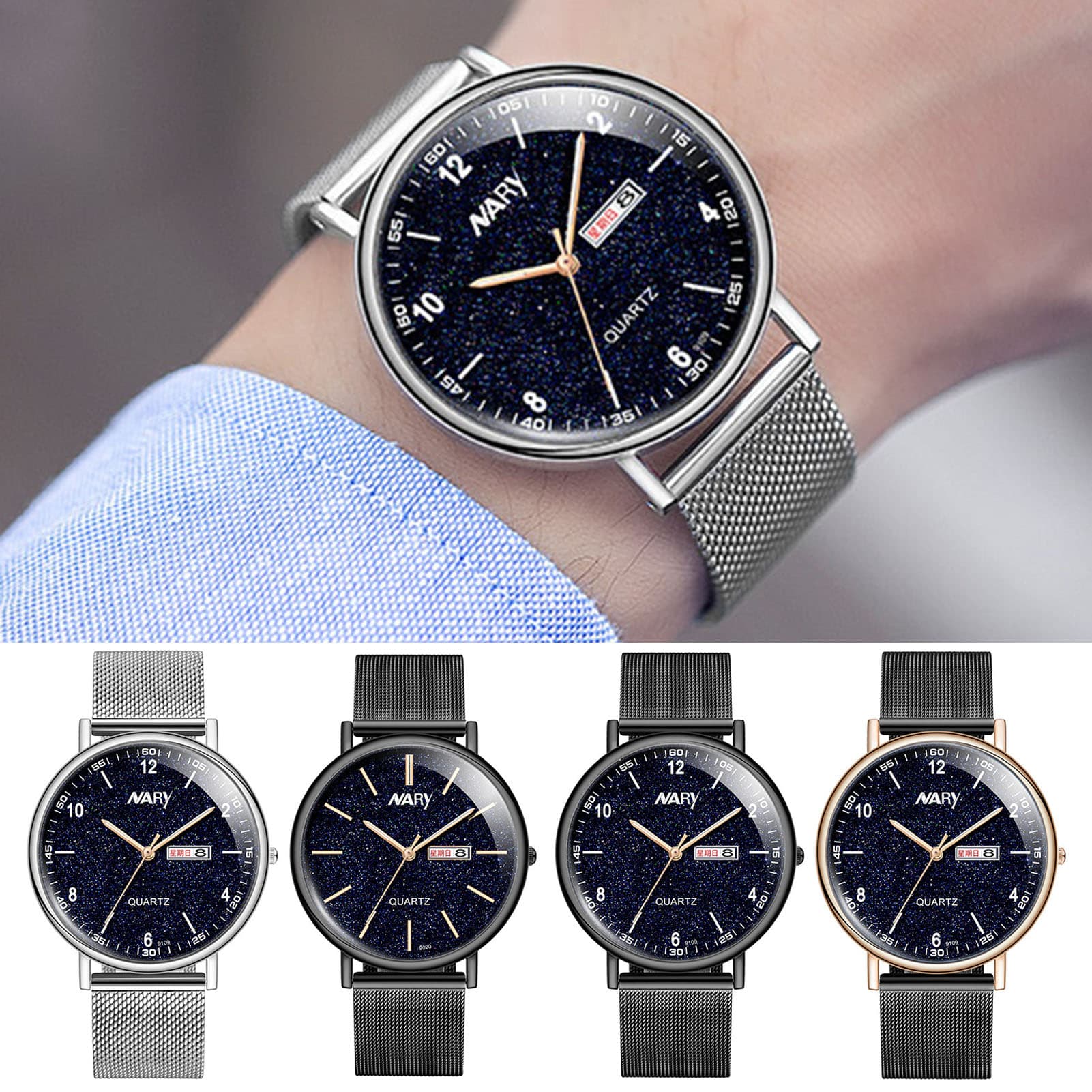 Yamaler NARY Round Dial Luminous Calendar Starry Dial Numbers Men Work Watch Quartz Wristwatch