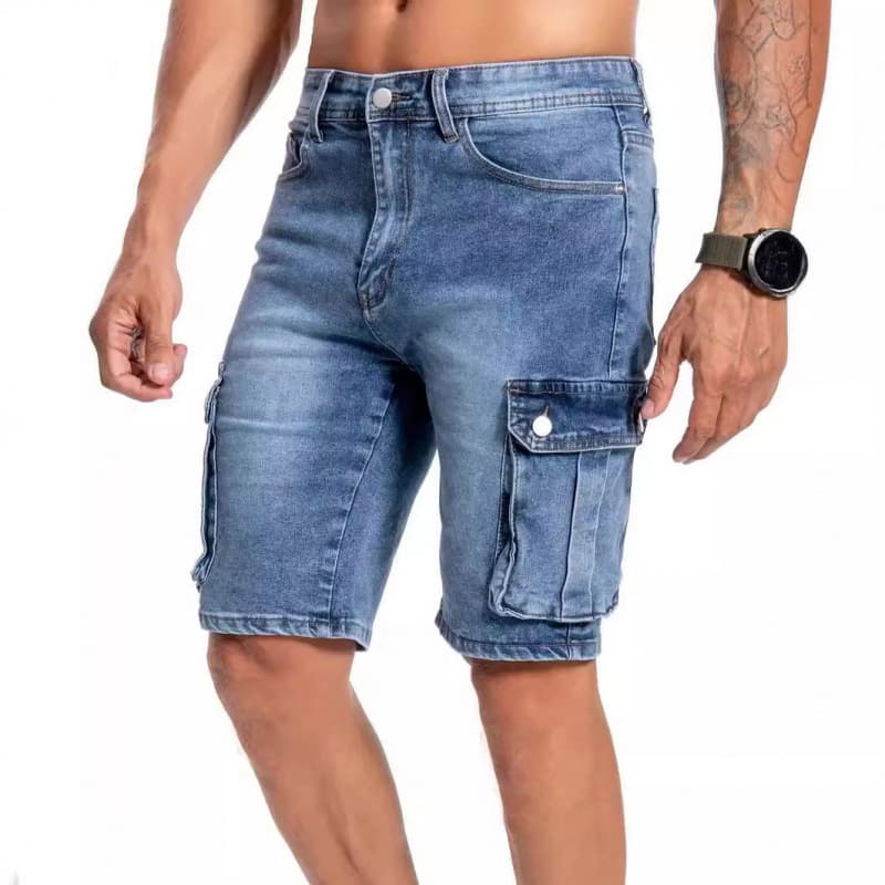 Men's AM Multi Pocket Denim Shorts Slightly Stretch European American Style 5 Point Workwear Casual Jeans Summer