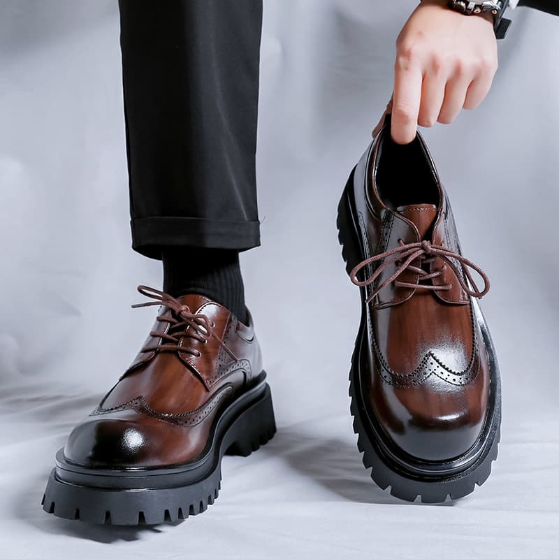 Men's Spring Platform Derby Shoes Casual Brogue British Style High End Leather Niche Trendy