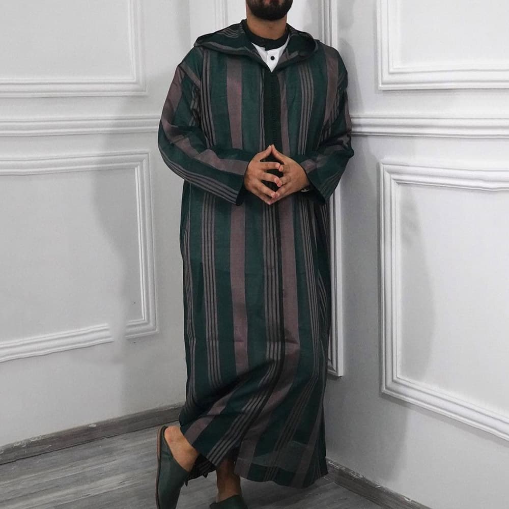 Striped Printed Muslim Abaya Loose Plus Size Men's Long Hooded Onesie