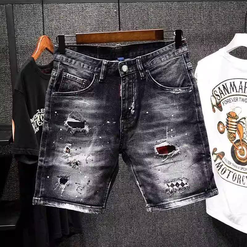 Men's Splatter Paint Denim Shorts – Korean Streetwear Destroyed Black Cutoff 5-Inch Inseam (28-36) – Slim Fit Acid Wash For Urban Art & Skate Scenes​