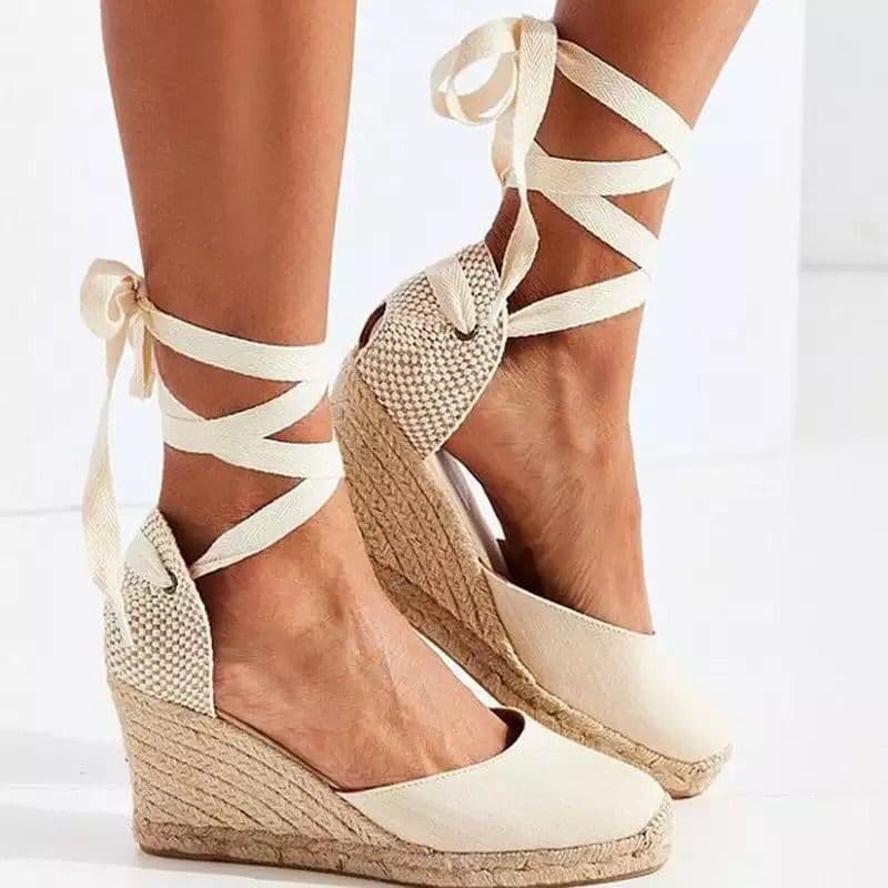 Women's Shoes Summer New Large Size Wedge Heel Women's Sandals Thick Bottom Baotou Baohe Ankle Ring Strap Cloth Rope Sandals Women