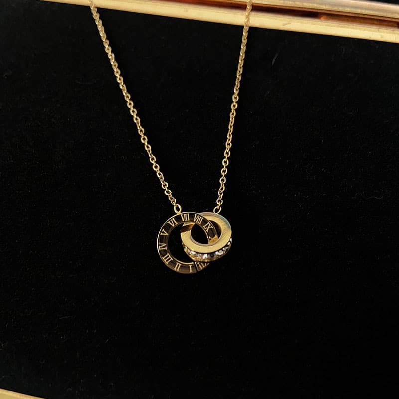 Titanium Steel Colorless Roman Digital Double Ring Necklace Women's Gold Pendant Light Luxury Collarbone Chain Simple