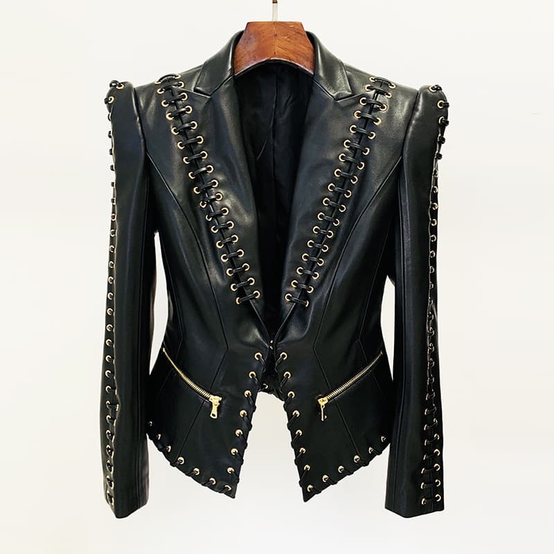 New European And American Star Fashion Heavy Work Eyelet Rope Slim Leather Coat Suit Jacket Coat.
