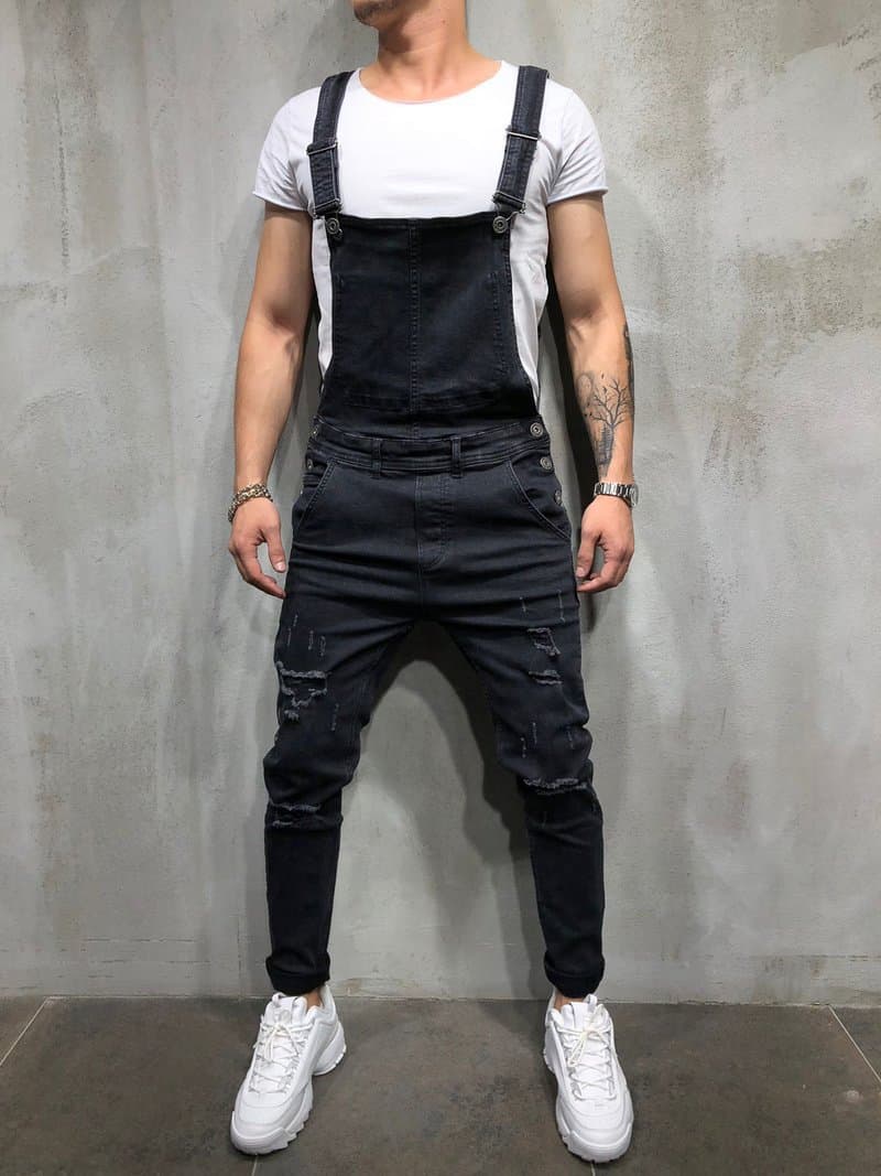 Men's Solid Color Casual Jeans With Suspenders