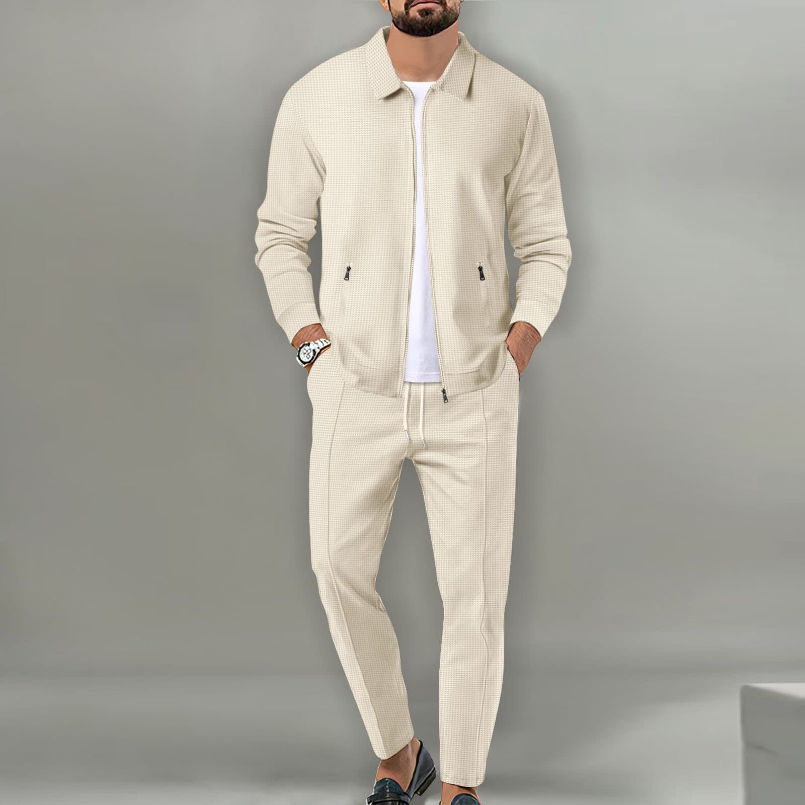 Men's Clothing 2025 New Autumn Style Youth Waffle Zipper Pocket Lapel Slim Cardigan Men's Jacket Suit