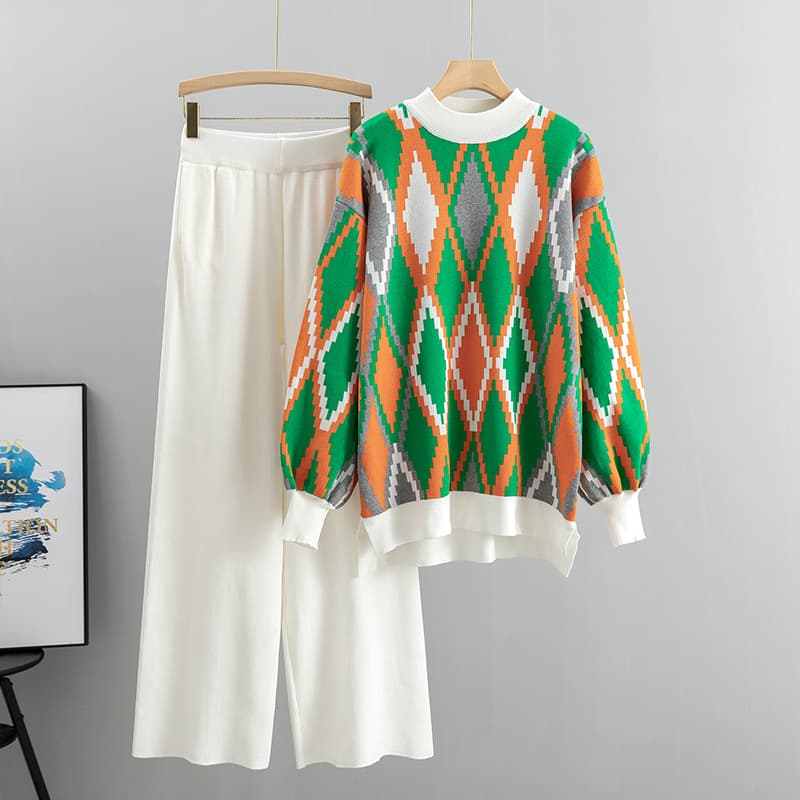 Women's Clothing fashion suits for women in autumn and winter, loose diamond sweater, two piece suit, knitted wide leg pants,suits