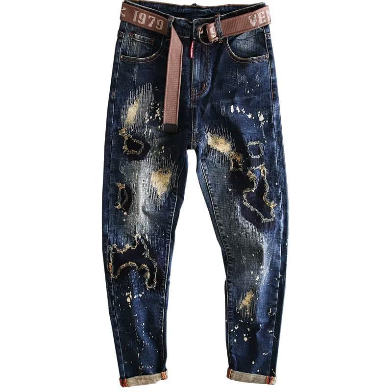 2023 Spring And Autumn New Style D2 Trendy Men's Washed Frayed Hole Patch Paint Elastic Slim Straight Blue Jeans For Men
