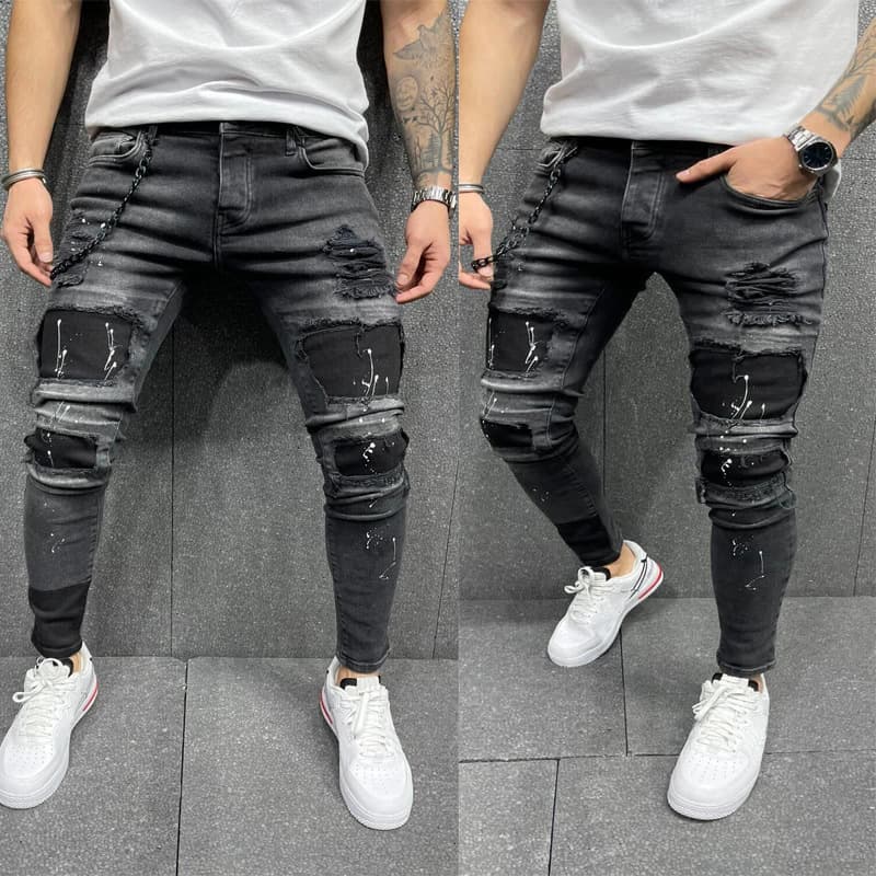 Men's Clothing ripped print jeans sells patch stretch small foot jeans new