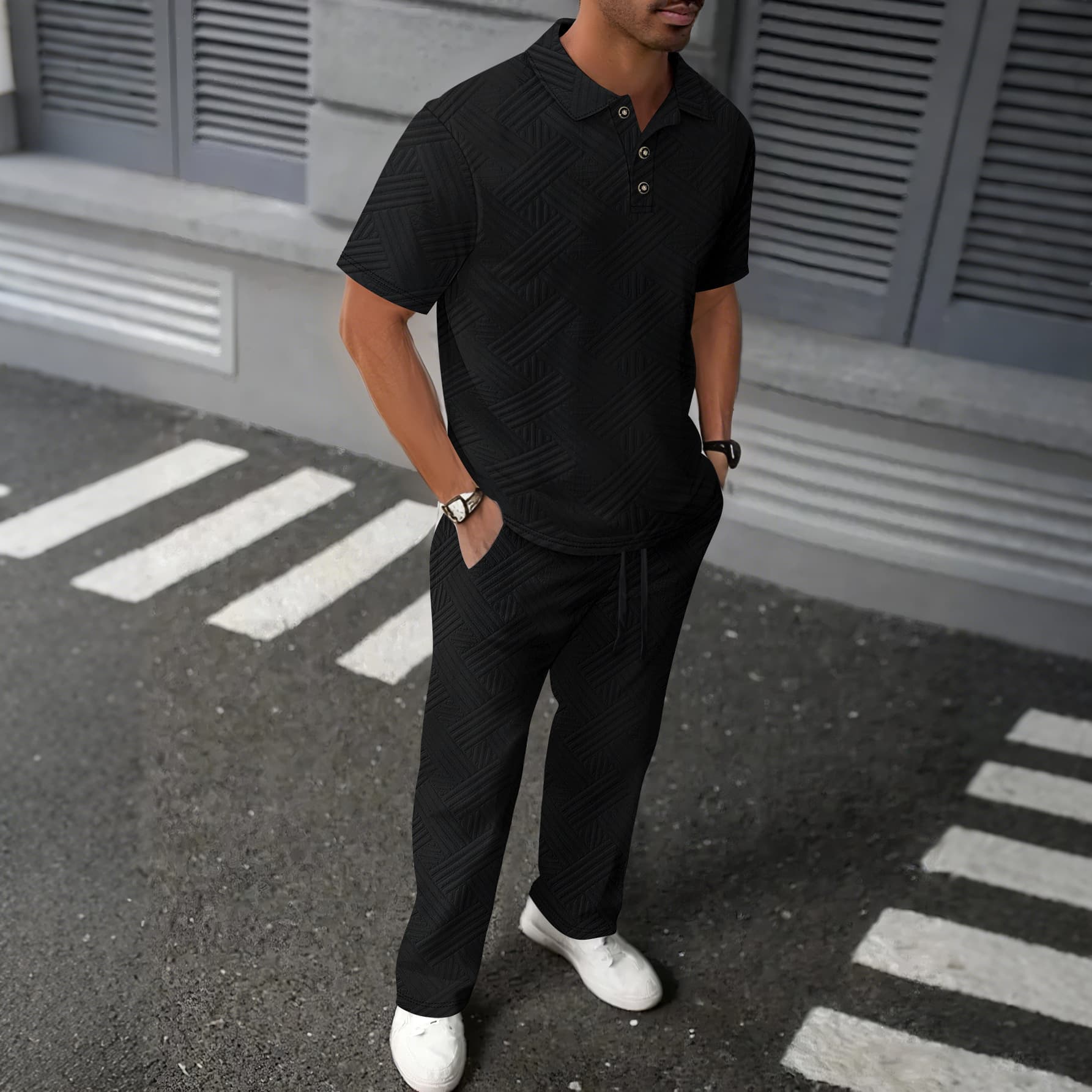 Men's Solid Color Jacquard Shirt & Trousers Set Summer Casual Basic Two-Piece Suit American Style Inelastic