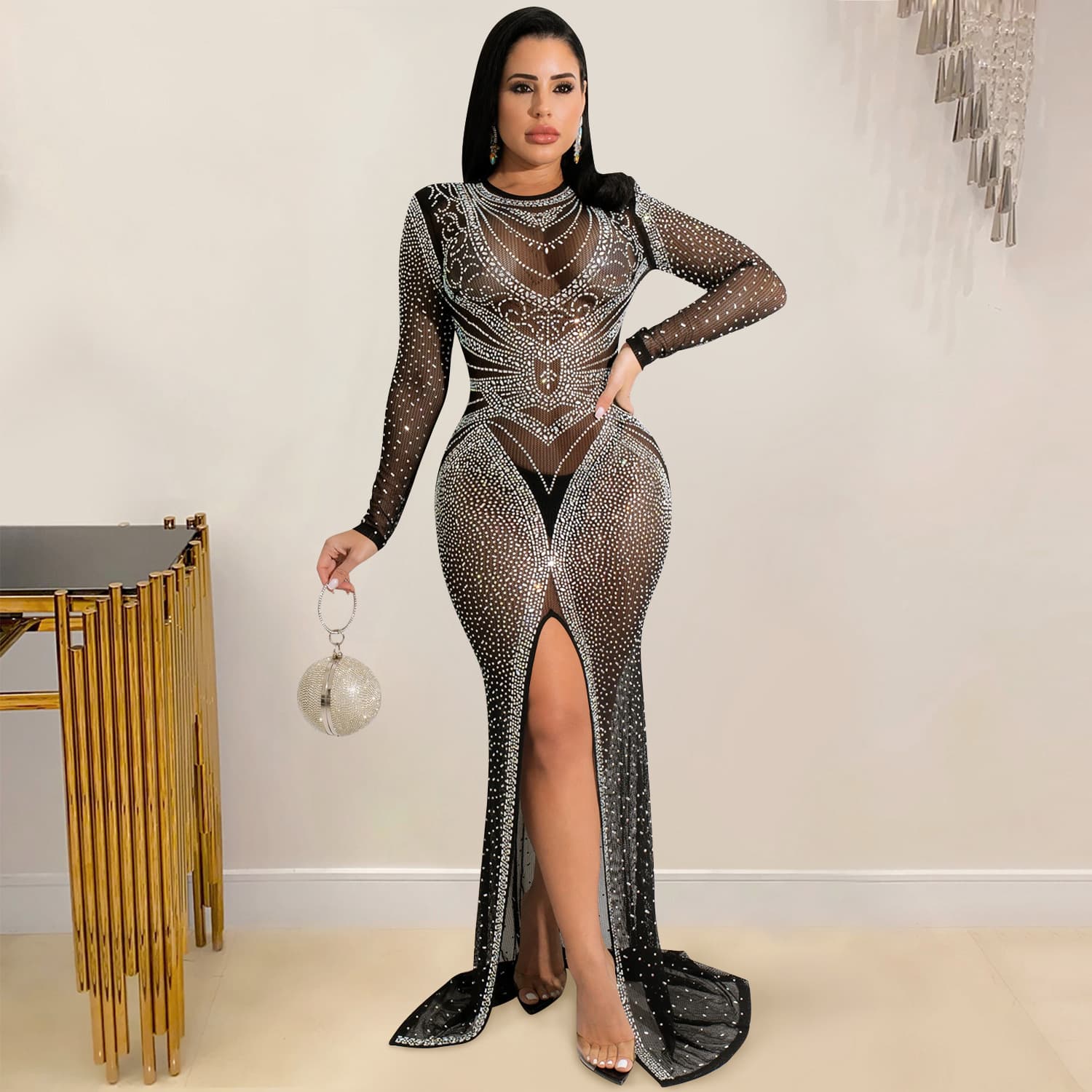 Women's fashion nightclub hot diamond women's mesh see-through long sleeve slit long skirt dress for women