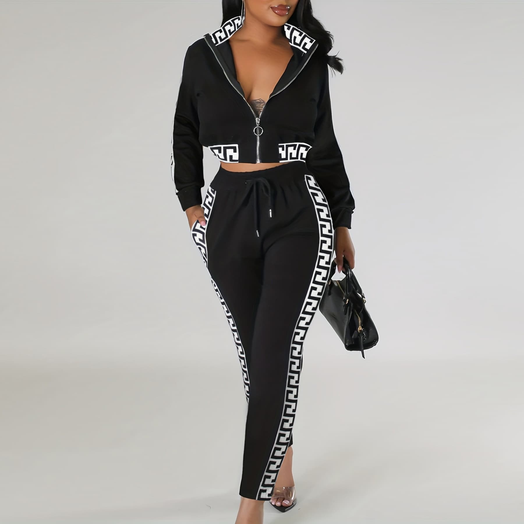 Women's Clothing Spring And Autumn Fashion Casual Suit Navel Baring Zipper Top Pattern Pattern Splicing Pants Two Piece Set For Women