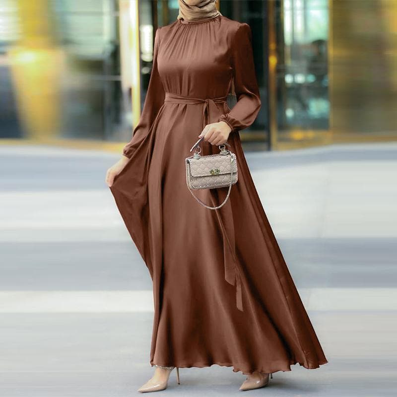 Women's Clothing Women's Muslim style round neck long sleeved belted waist slimming fashionable elegant robe loose dress dress