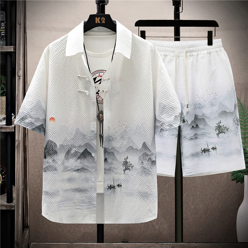 Men's Clothing Short Sleeved Shirt Suit Personalized Printing Casual Sports Shorts Fashionable Niche Top Two Piece Suit