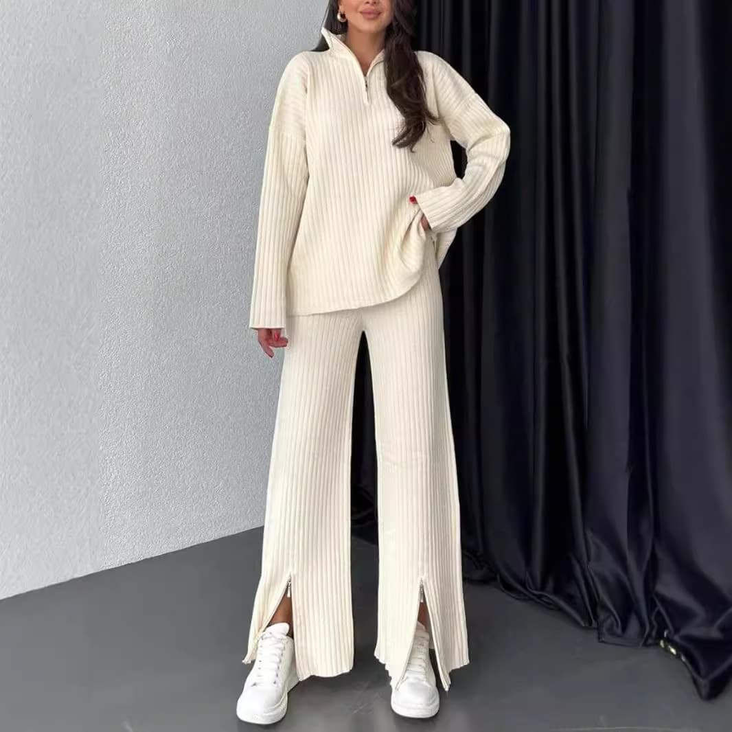 Women's Clothing autumn new women's clothing solid color zipper knitted suit high collar ribbed home clothes two piece suit