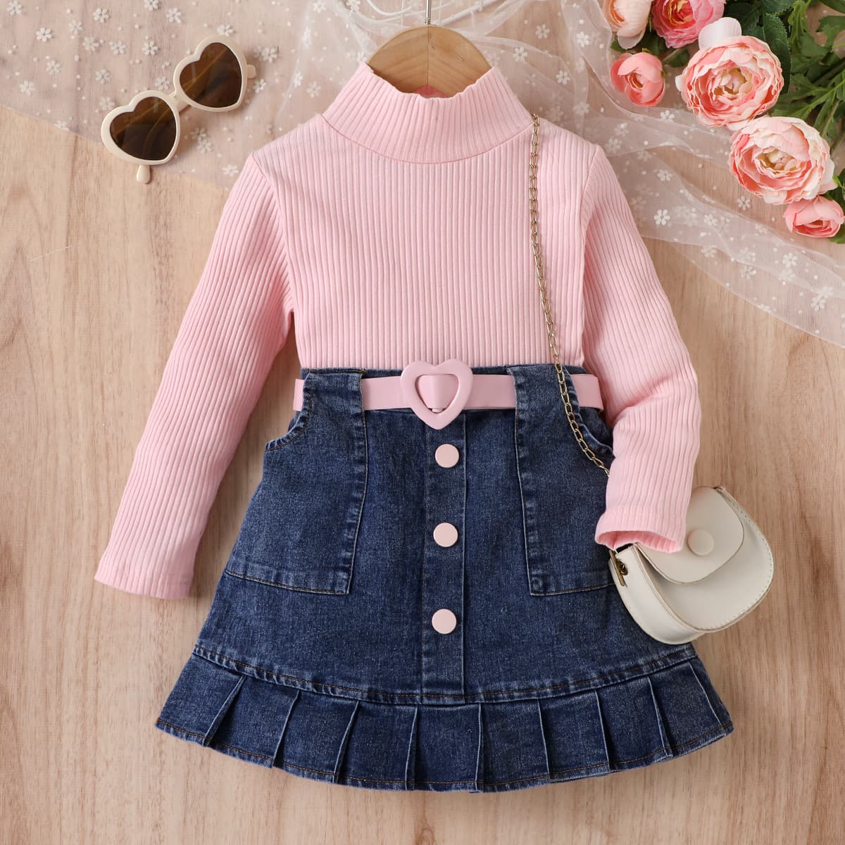 Baby Clothing Children's Clothes Girls Solid Color Vest Long Sleeve Shirt Denim Open Bag Pleats Skirt Suit